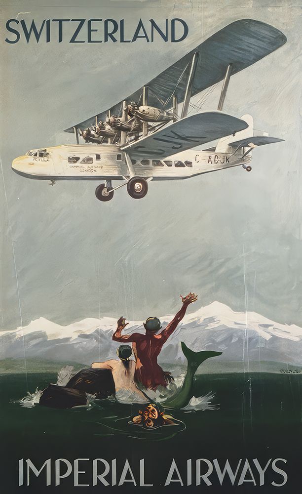 Switzerland Biplane Vintage Air Travel Poster