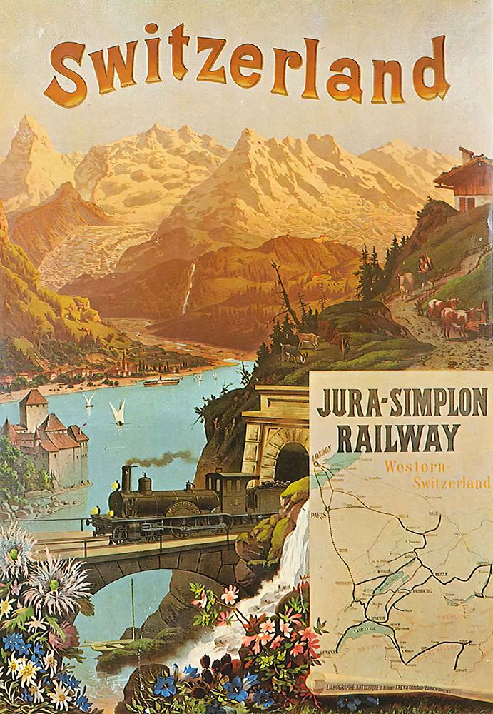Switzerland Jura Simplon Vintage Rail Travel Poster