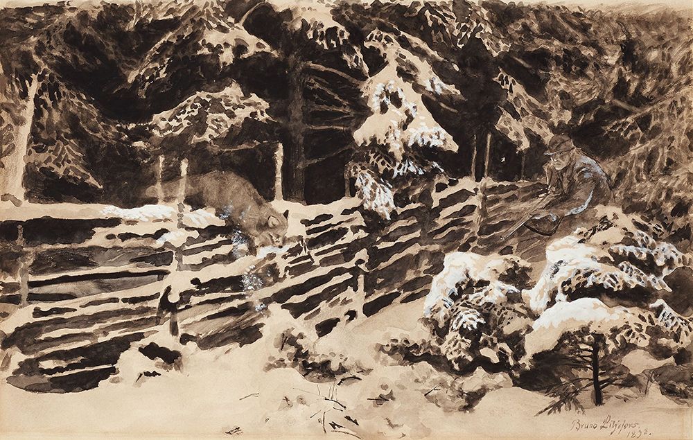 Winter Scene with Hunter and Fox by Fence 1898
