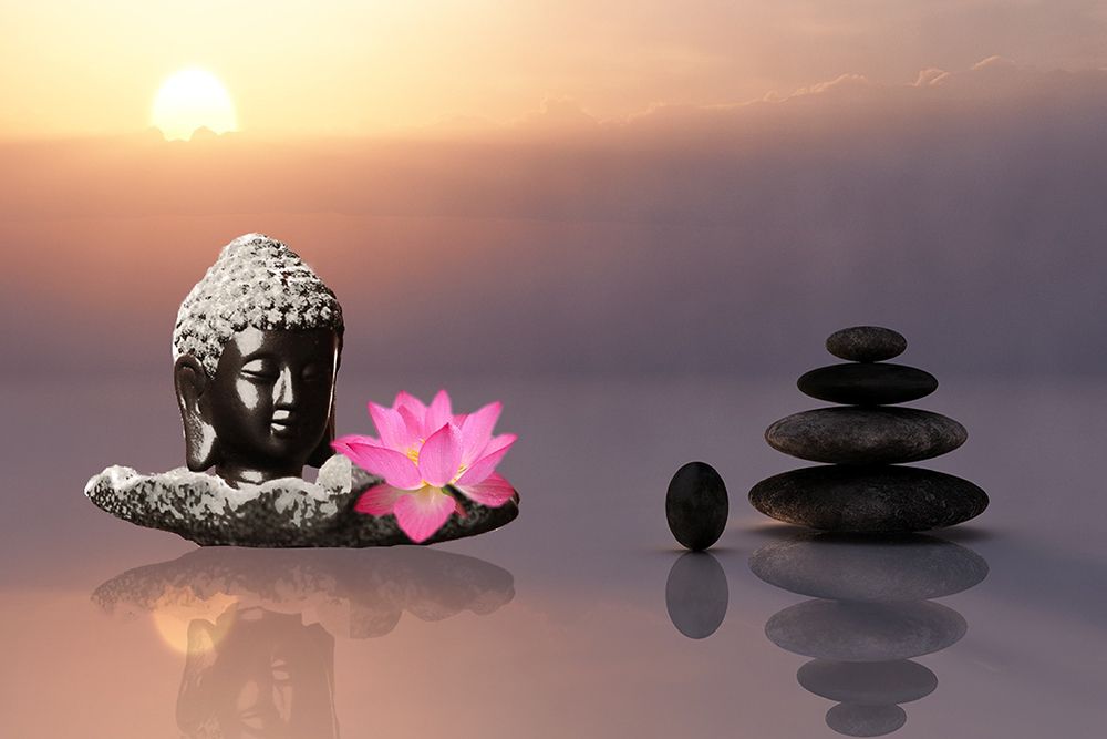 Black Buddha Head with Pink Lotus