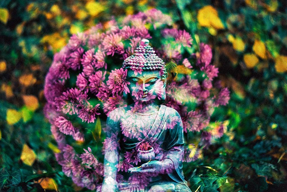 Buddha Statue in Pink Flowers