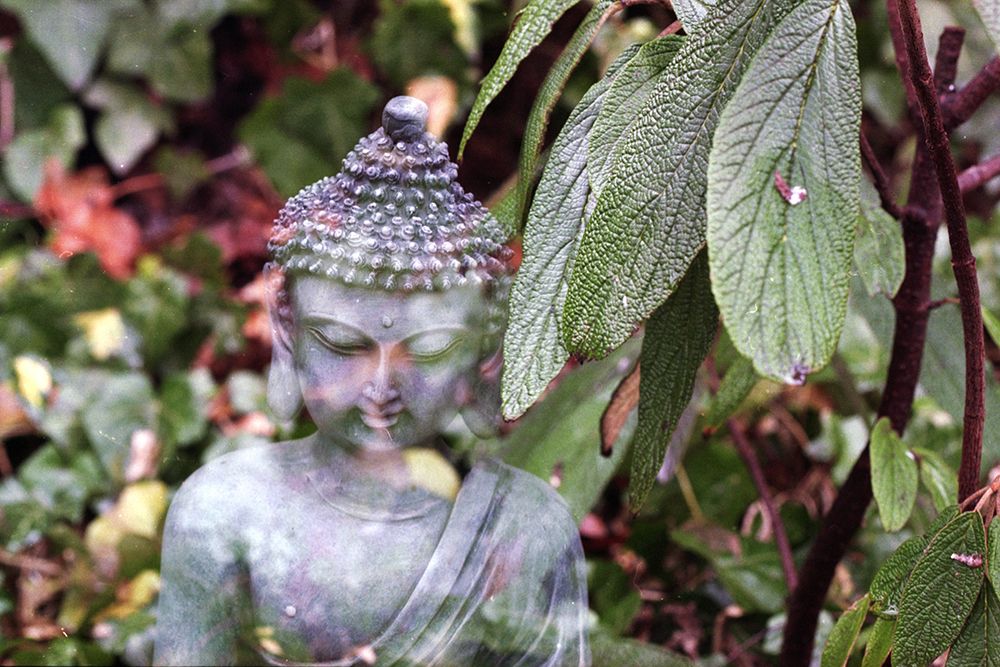 Green Buddha Statue with Leaves