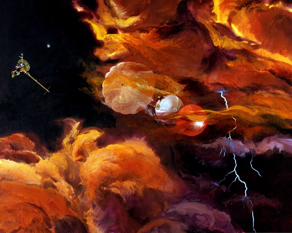 Artists Impression of the Galileo Probe Descending into Jupiter