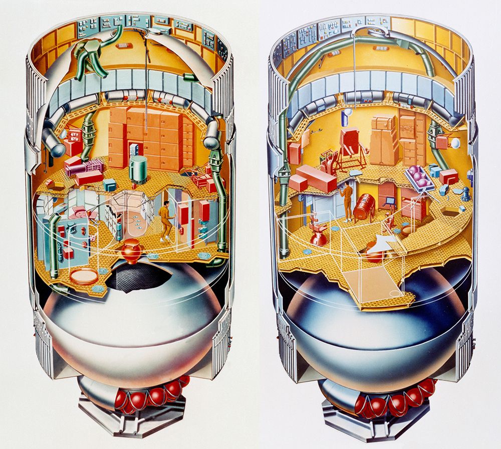 Artist Concept Two Cutaway Views of the Orbital Workshop