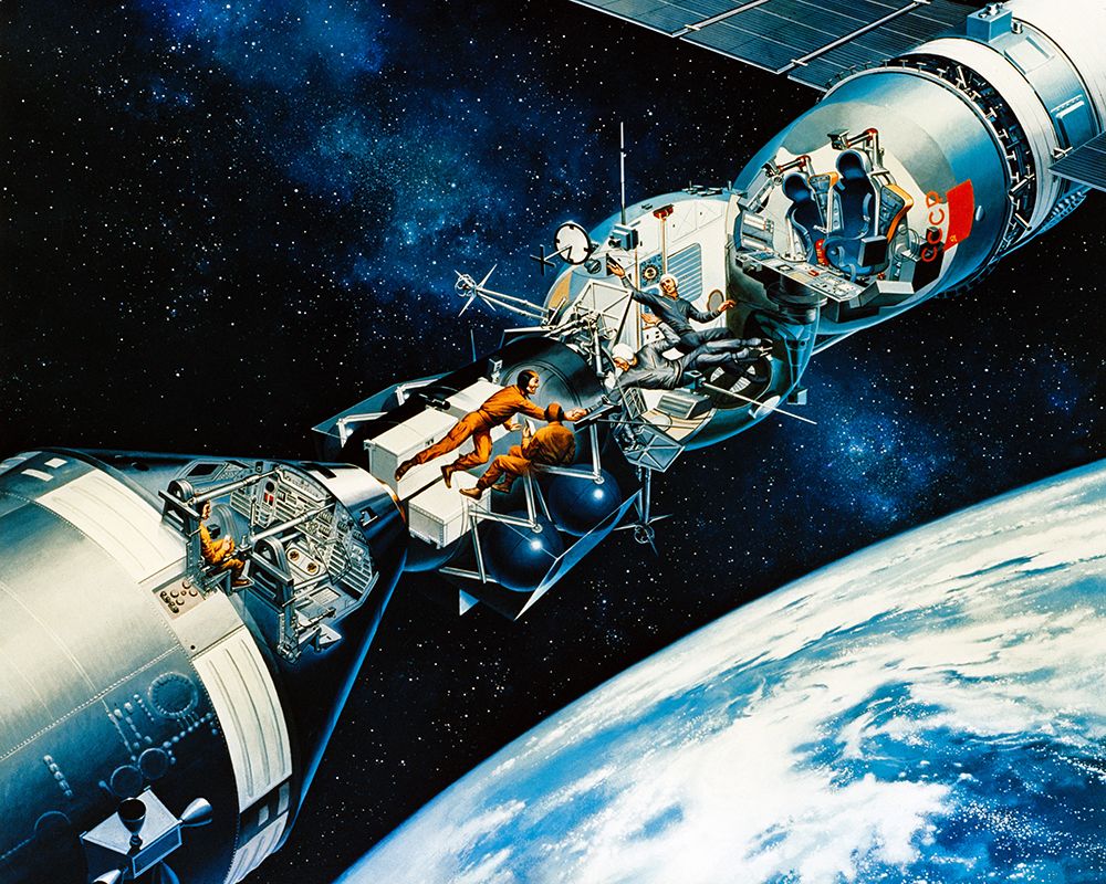 Artist Concept Docked Apollo and Soyuz Spacecraft in Earth Orbit