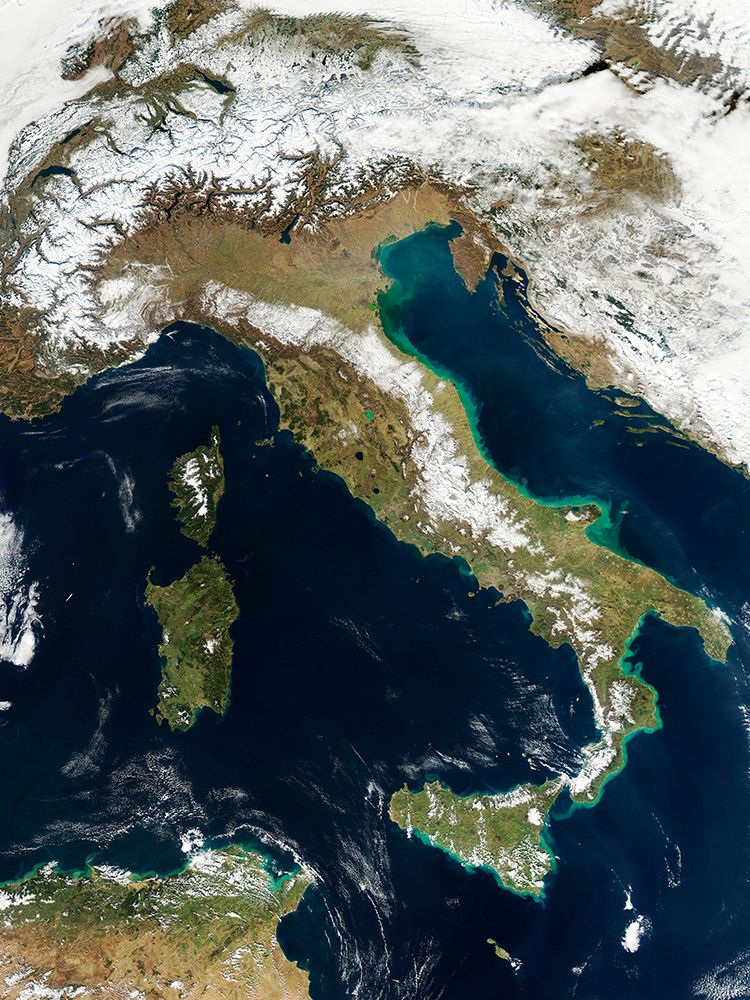 Snow covers the Alps in the north of Italy Viewed from Space