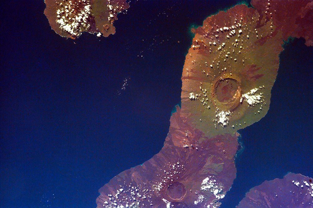 The Galapagos Islands showing two large shield volcanoes on Isla Isabella